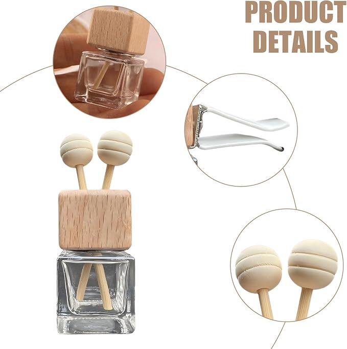 2 PCS Car Diffuser Air Freshener Bottles, Refillable Empty Glass Essential Oil Diffuser Vent Clip & Wooden Caps Sticks, Universal Aromatherapy Diffusers for Most Vehicles (Square)