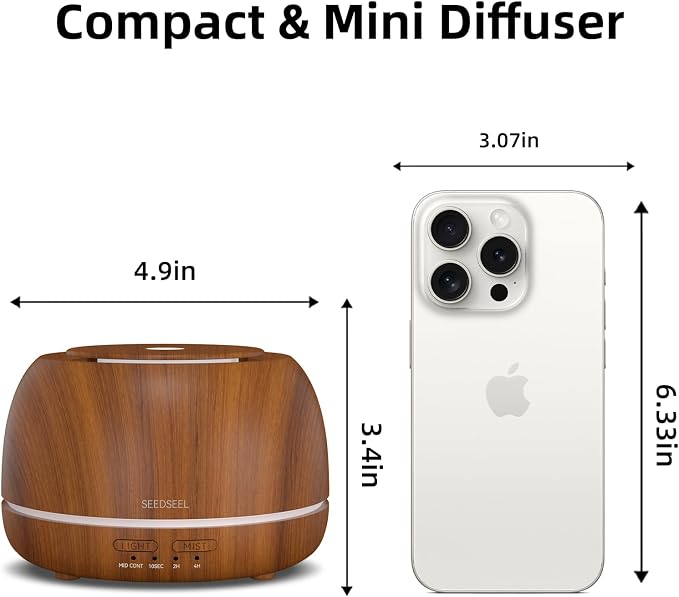 SEEDSEEL 300ML Essential Oil Diffuser with Remote Control,7 LED Colour Lights,4 Timer, Quiet,Ultrasonic Aromatherapy Diffuser for Bedroom, Living Room, Desk,Office