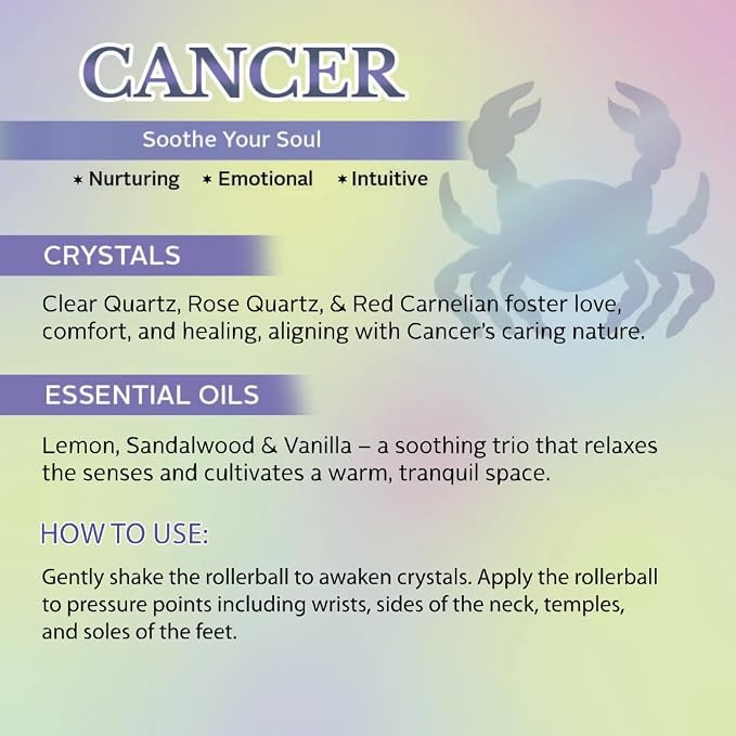 Cancer Zodiac Crystal-Infused Essential Oil Rollerball, Aromatherapy Blend - Comfort & Emotional Balance, Premium Astrology Sign Birthday Gift, Natural Therapeutic Roller, 10 mL