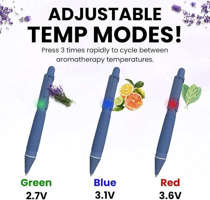 Aromatherapy Writing Pen Battery with Real Ink Tip and Hidden Diffuser Port, Soft Touch Ballpoint for Note Taking, Signature, and On-The-Go Relaxation, Rechargeable Wellness Gift for Office (Blue)