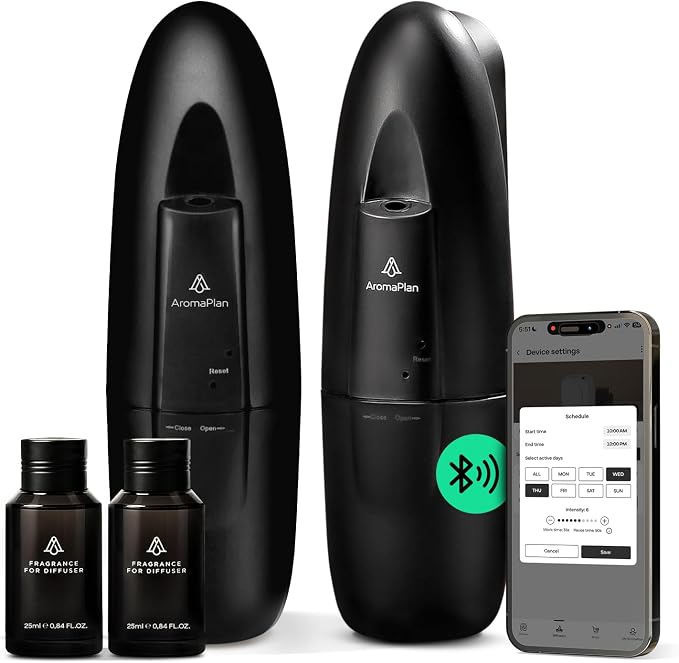 AromaPlan 5 Star Collection Plug in Waterless Diffuser (2 Devices +2 Scents Included)-Cold Air & Waterless Diffusers for Home & Office- Silent Wall Diffuser Plug in, Bluetooth App Control, 500 sq.ft