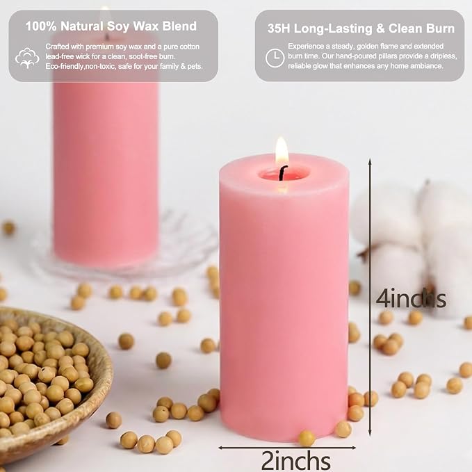 Pink Rose Scented Pillar Candles Set of 3, Soy Candles for Mother's Day,105 Hours Aromatherapy Candle Clean Burning for Bathroom Living Room,2x4 inch