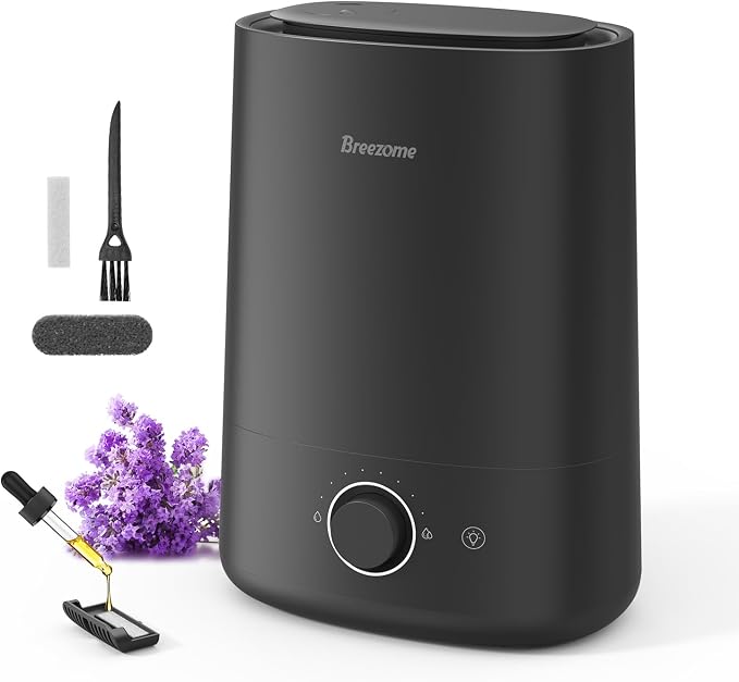 BREEZOME 5L Humidifiers for Bedroom, Ultrasonic Cool Mist Top Fill Humidifier & Essential Oil Diffuser, 360°Nozzle, Auto Shut-off, 50H Runtime, Quiet Humidifiers for Large Room, Baby Nursery, Plants