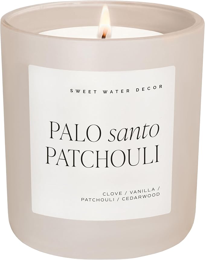 Sweet Water Decor Palo Santo Patchouli Candle - Soy Clove, Vanilla, Patchouli, Cedarwood Scented Spa Candle for Home - 15oz Tan Matte Jar, 70+ Hour Burn Time, Made in The USA