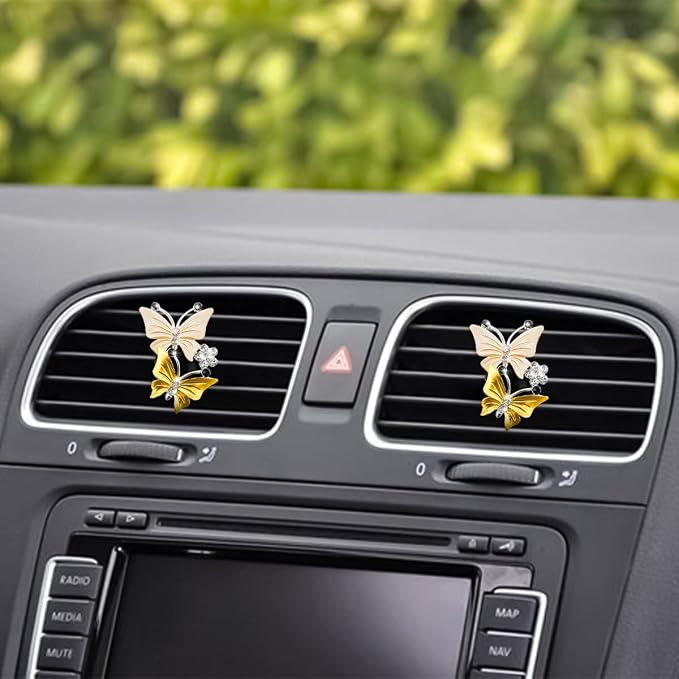 1PC Car Air Fresheners Vent Clips, Cute Dual Butterfly Diamond Rhinestone Car Vent Clip, Air Outlet Perfume Diffuser, Sparkly Bling Car Interior Decoration Accessories for Girls Women Yellow