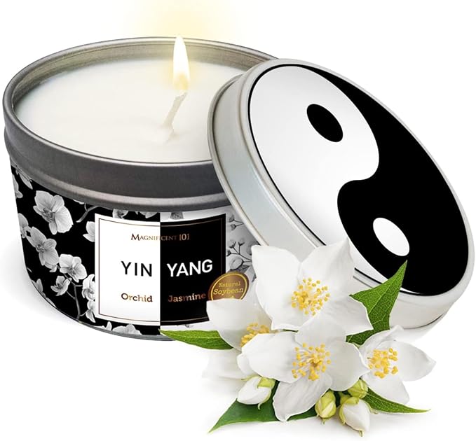 MAGNIFICENT 101 Yin Yang Smudge Candle - 6-Oz Soy Wax Tin - 35-Hr Burn Time & Orchid & Jasmine Scent - Energy Cleansing & Chakra Healing - Gift for Women