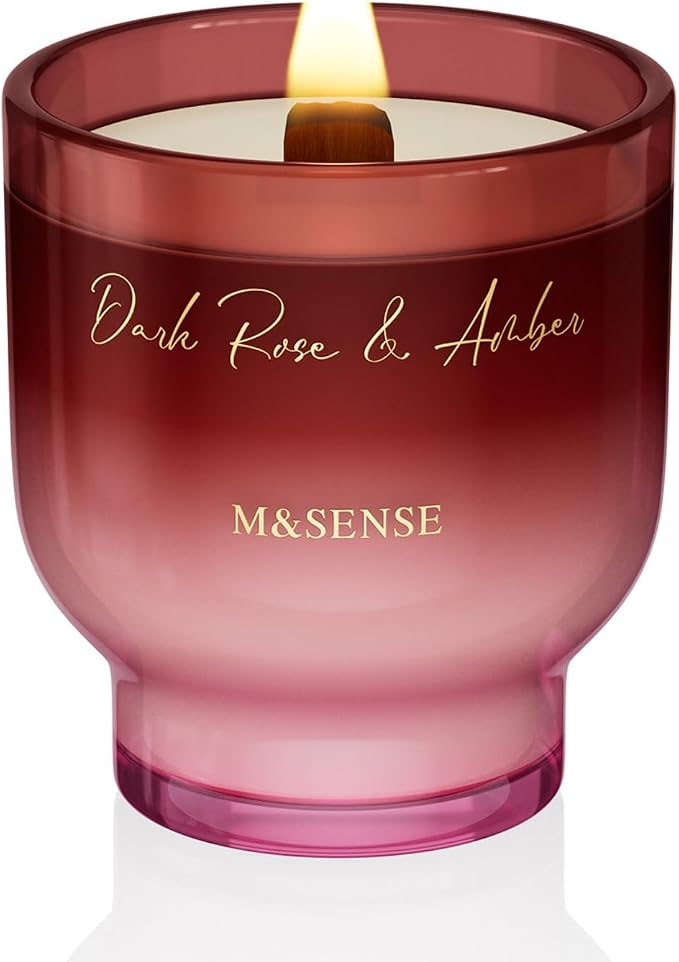 M&SENSE 9.9oz Natural Soy Wax Jar Candle with Wooden Wick | Dark Rose Amber Scent | 55-Hour Burn & Long-Lasting Burn | Housewarming Gift for Men and Women