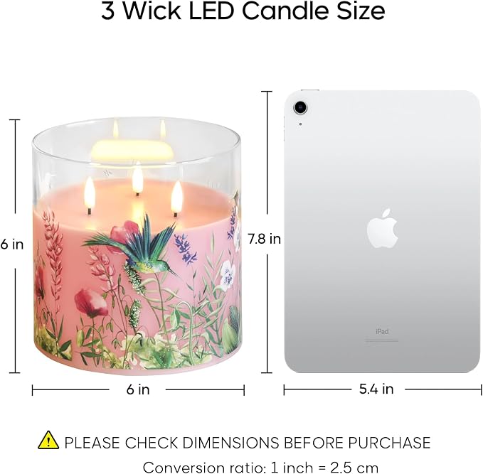 Eywamage 3 Wick Flameless Candle with Remote, Pink Hummingbird Floral Glass LED Candle, Large Battery Pillar Candle Φ 6" H 6"