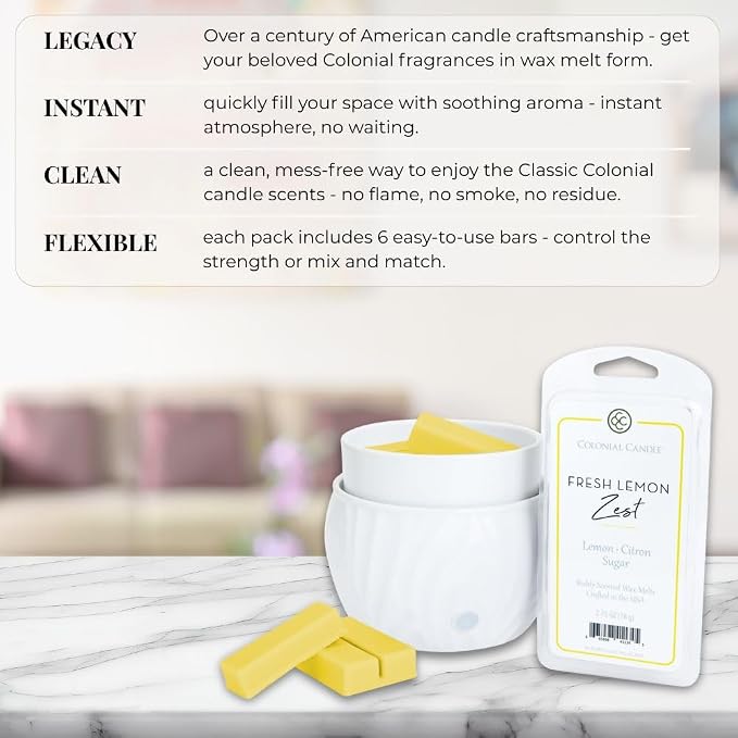 Colonial Candle Fresh Lemon Zest Scented Wax Melts, Wax Melt Warmer Cubes, Long Lasting Scented Wax Warmer Cubes, 4 Pack, 6 Cubes Each - Made in The USA
