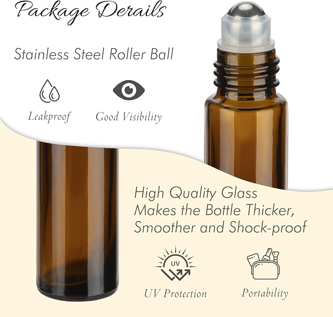 10ML Essential Oil Roller Bottles, 4 Pack Brown Oil Roller Bottles for Essential Oils, Roll on Bottle with Stainless Steel Balls(4 Labels, Opener, Funnel, Dropper Included)