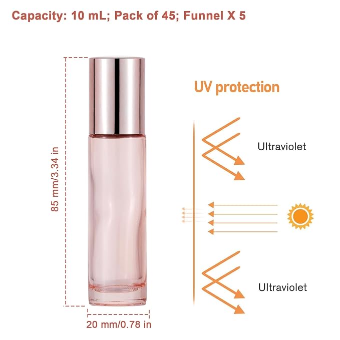 45Pcs 10ml Essential Oil Roller Bottles, Thick Glass Roll on Vials Massage Containers with Stainless Steel Roller Ball for Perfumes Aromatherapy Lip Balms, Rose Gold