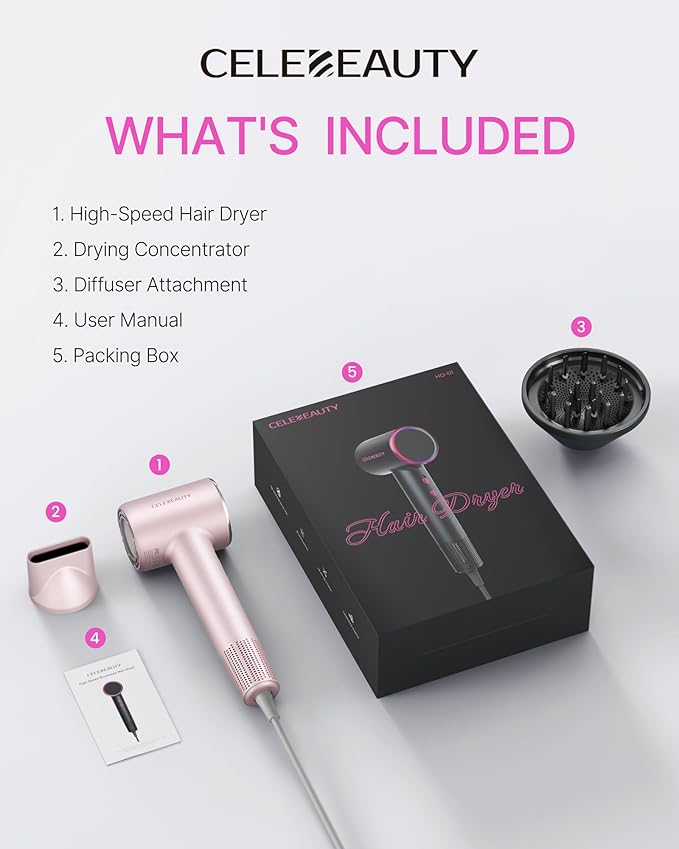 Hair Dryer Blow Dryer with Magnetic Diffuser & Nozzle, 110000 RPM Brushless Motor Ionic Hairdryer for Fast Drying & Frizz Control, Lightweight Low Noise Blowdryer for Home Travel Salon, All Hair Types