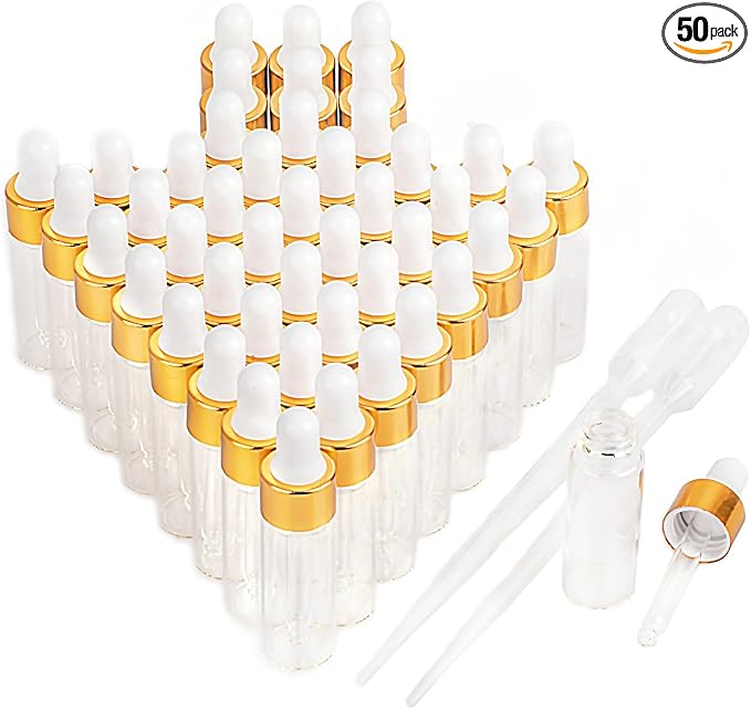 Sample Dropper Bottles, Mini Dropper Bottles with 2 Pcs Plastic Droppers for Traveling Essential Oils DIY Cosmetic Liquid Sample Perfume (Gold, 5ML)
