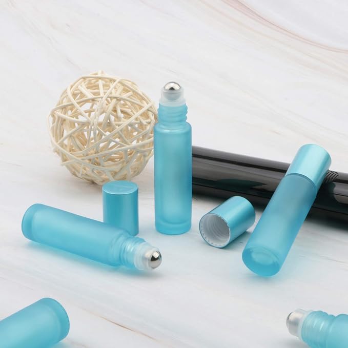 Glass Roller on Bottle, 10ml Refillable Essential Oil Bottle with Stianless Steel Ball, Pack of 10 (Light blue)