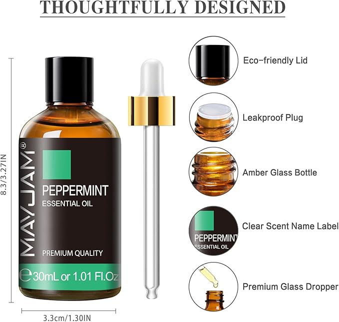Peppermint Essential Oil, MAYJAM Peppermint Oil for Diffusers for Home, 30ML Pure Essential Oils for Humidifiers or DIY Bath Bomb for Home-1.01FL.OZ