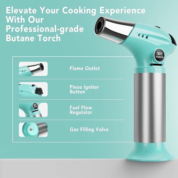 Sondiko Creme Brulee Torch, Refillable Butane Torch Lighter with Adjustable Flame for Creme Brulee, BBQ and Baking, Butane Gas Not Included
