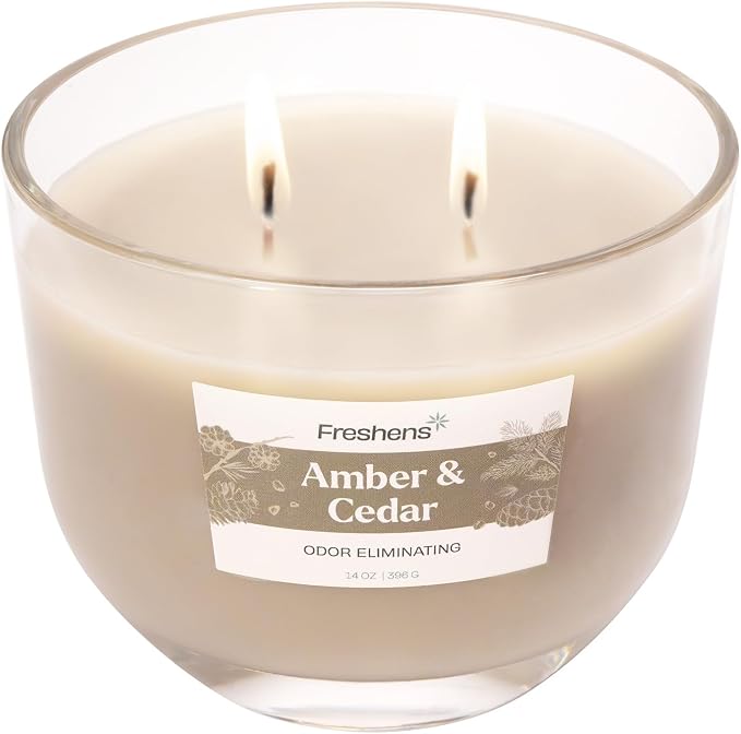 Carolina Freshens Amber & Cedar Odor Eliminating Highly Fragranced Candle for Home Scented, Eliminates 90% of Pet, Smoke, Food and Other Smells Quickly, 2 Wick, 14 oz - Made in the USA