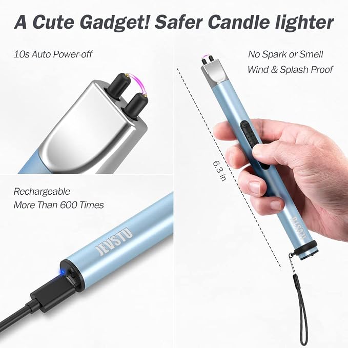 Electric Candle Lighter - Rechargeable USB Arc Windproof Flameless Plasma Lighter with Long Stick, Rope and Ring - No Butane Fluid - Perfect for BBQ, Camping, Kitchen Stove - Blue
