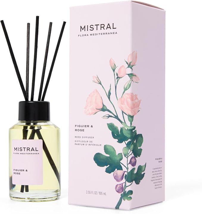 Mistral Figuier & Rose Reed Diffuser – Luxury Fig & Rose Scent Diffuser for Home, Office, Bathroom | 100% Oil-Based & Alcohol-Free, Long-Lasting, with Natural Reed Sticks (3.5 fl oz)