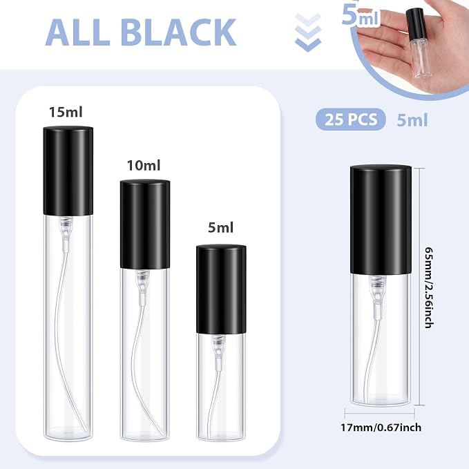 Yinder 25 Pcs 5 ml Travel Spray Bottle Refillable Perfume Atomizer Bulk Glass Mini Cologne Perfume Bottles Empty Fine Mist Portable Small Sample Containers, Black