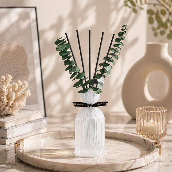 Airkeep Reed Diffuser Set 6.76 oz – White Flower Decorative Home Fragrance with Eucalyptus Sticks, Ribbed Glass Diffuser for Bathroom & Bedroom Décor, Gift Ready