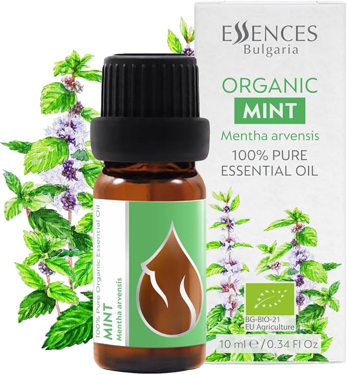 Essences Bulgaria Organic Mint Essential Oil 1/3 Fl Oz | 10ml | Mentha arvensis | 100% Pure and Natural | Undiluted | Therapeutic Grade | Family Owned Farm | Steam-Distilled | Non-GMO | Vegan