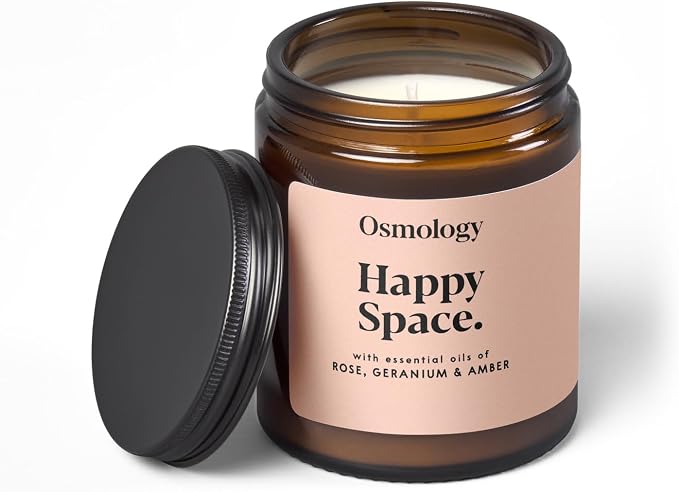 Happy Space Aromatherapy Candle – Rose, Geranium & Jasmine Scented Candle, Plant-Based Wax in Amber Apothecary Jar, 7 oz, 45 Hour Burn Time, Uplifting & Relaxation Candle