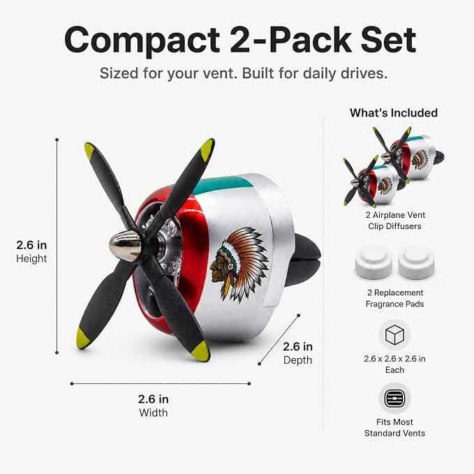 Airplane Propeller Car Vent Air Freshener 2 Pack with 2 Refill Pads, P-47 Inspired Vent Clip Diffusers, Vintage Aviation Car Accessories for Men(P47-CHIEF-SLV-2SET)