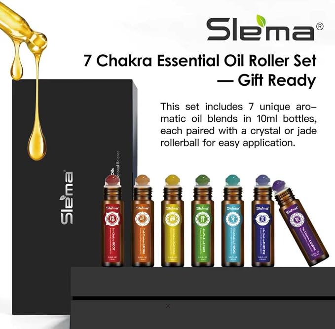 Slema 7 Chakra Essential Oil Roll-On Gift Se – 7 x 10ml Crystal & Jade Rollerballs for Mindfulness, Relaxation & Daily Self Care Rituals (7 x 10ml-Essential Oil Roller Sets)