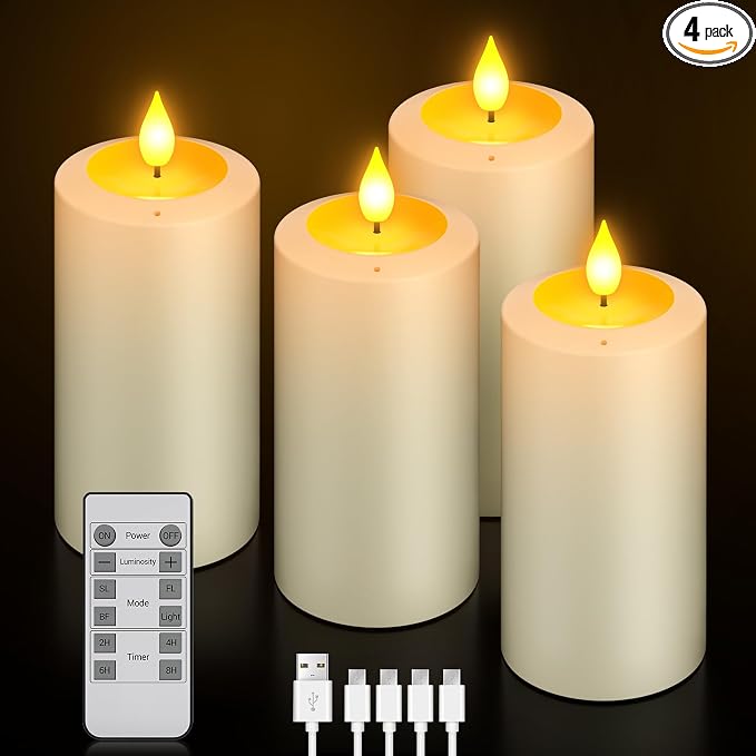 PChero Rechargeable Blow Out Candles with Remote and Timer, LED Flickering Flameless Candles, Battery Operated Pillar Candles for Christmas Halloween Table Wedding Home Decor, Long Lasting, Set of 4