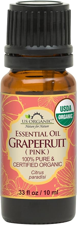 US Organic Grapefruit Pink Essential Oil, USDA Certified Organic, Cold Pressed, 100% Pure, for Face, Hair, Skin, Aromatherapy, and More (10 ml)