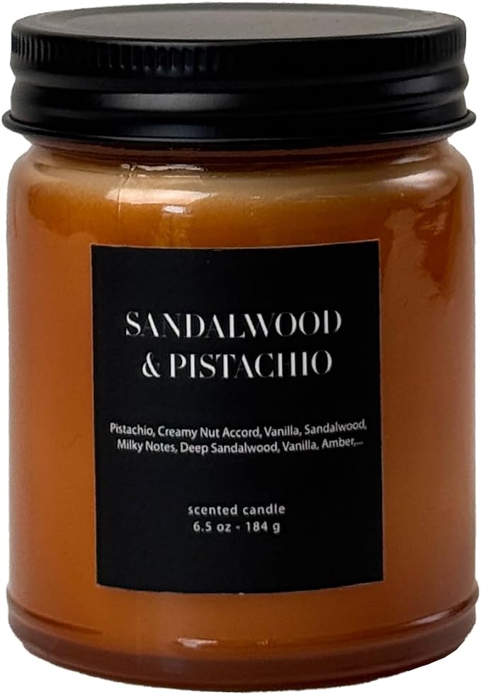 Sandalwood & Pistachio Scented Candle 6.5oz – CW Studio Color-Sprayed Glass Jar, Warm Nutty & Woody Aroma – Cozy Home Décor Gift for Women, Mother's Day, Birthday & Housewarming – 30-35 Hour Burn