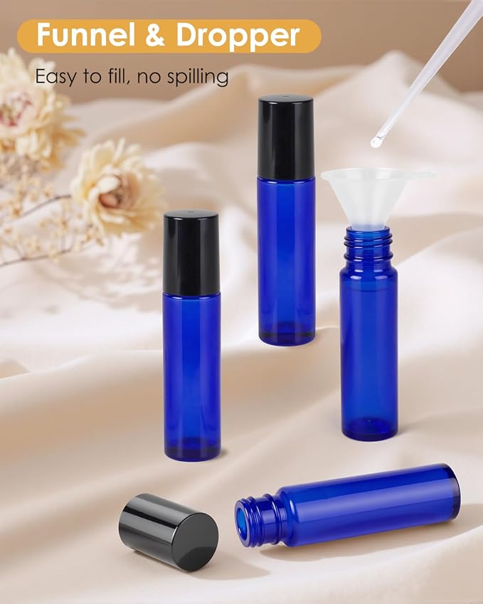 Worldgsb 12 Pack Essential Oil Roller Bottles, 10ml Refillable Glass Roller Bottles with Stainless Steel Roller Balls and Caps for Travel, Perfume and Lip Gloss Blue
