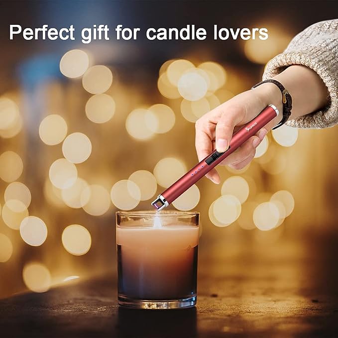 SUPRUS Electric Lighter Candle Type C Rechargeable Lighter with Upgraded LED Battery Display Safety Switch Flameless Plasma Windproof for Candle Cooking BBQs Fireworks Gift(Red)