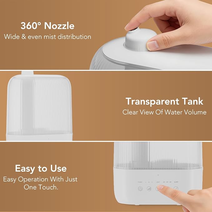 Electactic 2.8L Top Fill Humidifier, Essential Oil Diffuser & Cool Mist Humidifiers, Smart Humidity Control, Quiet Ultrasonic, 360° Nozzle, 7-Color Light for Bedroom, Home Office
