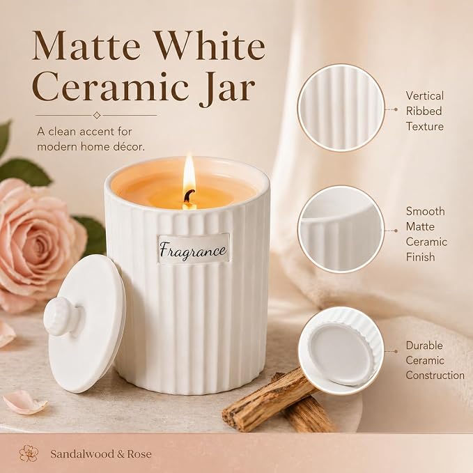 Viyffo 6.35oz Scented Candle – Sandalwood & Rose, Non Toxic Soy Candles for Women, White Matte Ceramic Jar with Lid, Luxury Home Fragrance, Elegant Room Decor & Premium Birthday Gift