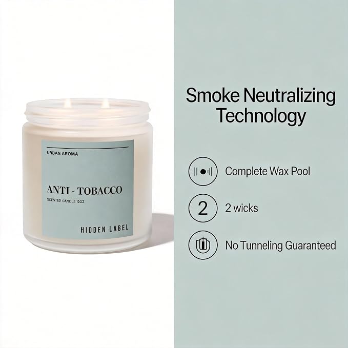 Hidden Label Anti Tobacco Soy Candle, 12oz 2-Wick, 70H Smoke Eliminator | Non-Toxic Natural Wax, Paraben & Phthalate-Free, Clean Burn | Powerful Odor Neutralizer | Masculine Decor & Gift-Ready