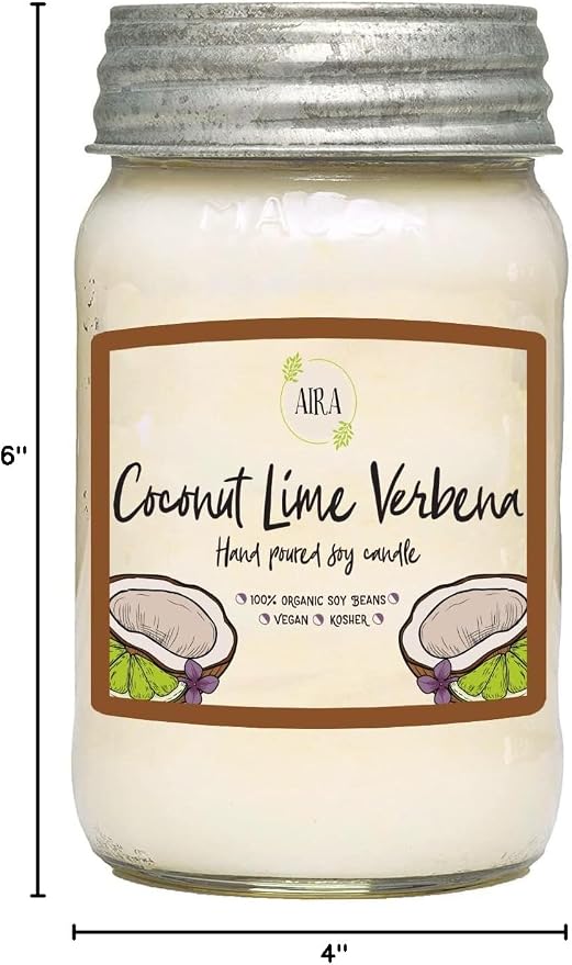 Aira Soy Candles - Organic, Kosher, Vegan, in Mason Jar w/Therapeutic Grade Essential Oil Blends - Hand-Poured 100% Soy Candle Wax - Paraffin Free, Burns 110+ Hours - Coconut Lime Verbena - 16 Ounces