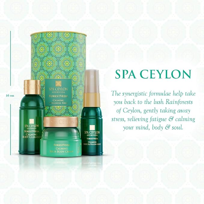 Spa Ceylon ForestVeda Calming Wellness Trio, Pampering Kit with Natural Ingredients, Ayurvedic Gift Set with Shower Gel, Body Cream & Pillow Mist (Peppermint)
