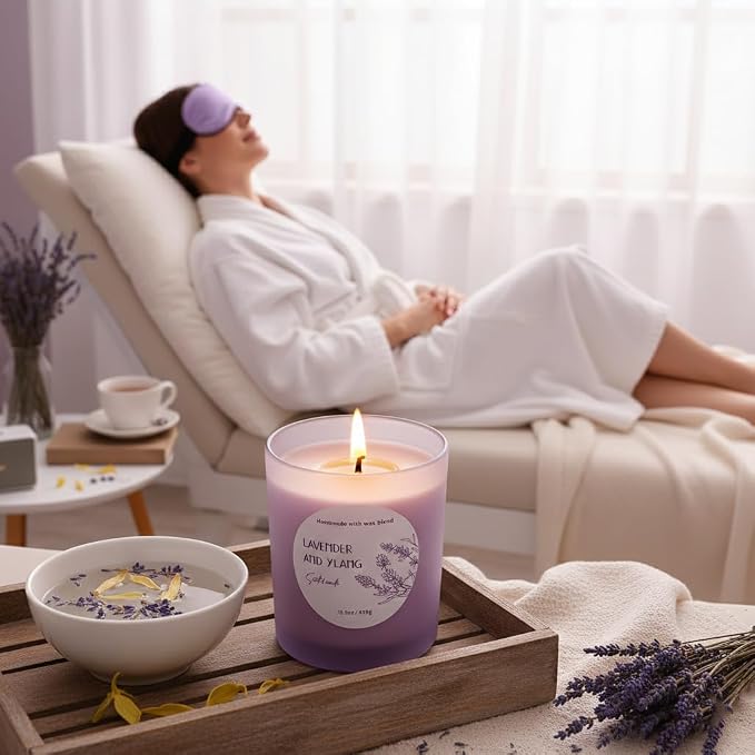 CW Studio Lavender & Ylang 15.5oz Scented Candle – Hand-Poured Soy Wax Blend in Color Glass Jar with Lid, Long-Lasting Aroma for Relaxation, Self-Care, Home Decor.