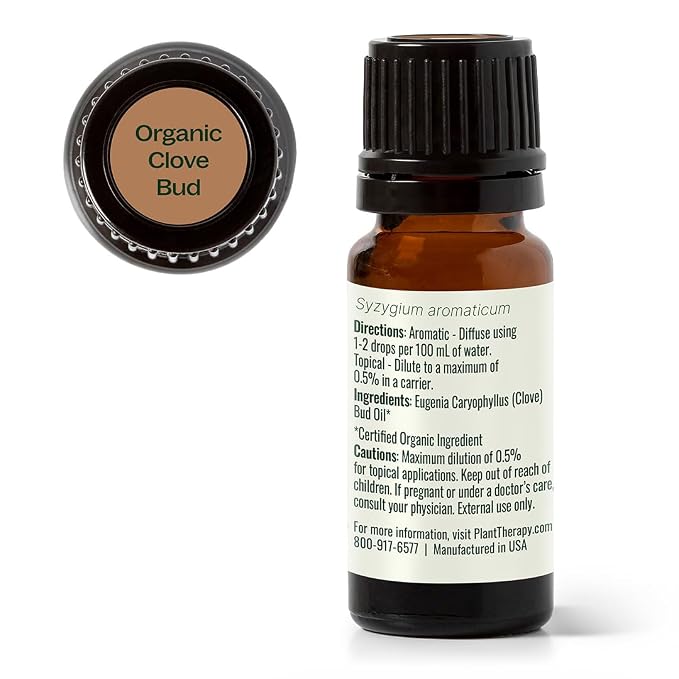 Plant Therapy Organic Clove Bud Essential Oil, 10 mL (1/3 oz), 100% Pure and Undiluted, USDA Certified Organic, Fresh and Spicy Scent, Great for Aromatherapy