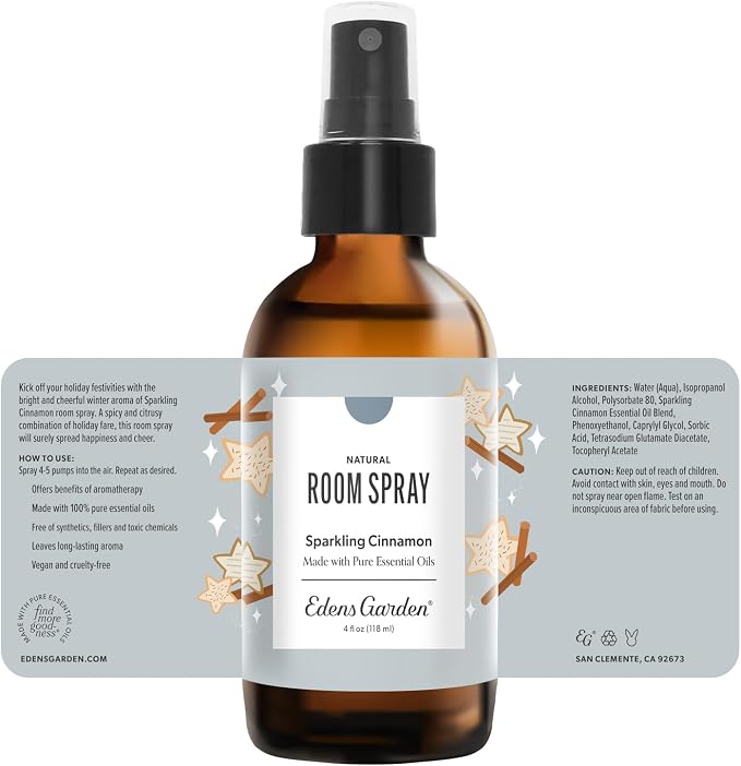 Edens Garden Sparkling Cinnamon Natural Room & Linen Spray – 100% Pure Essential Oil Aromatherapy Mist for Holiday & Christmas Scents – Non-Toxic, Long-Lasting Festive Air Freshener, 4 fl oz (118 ml)