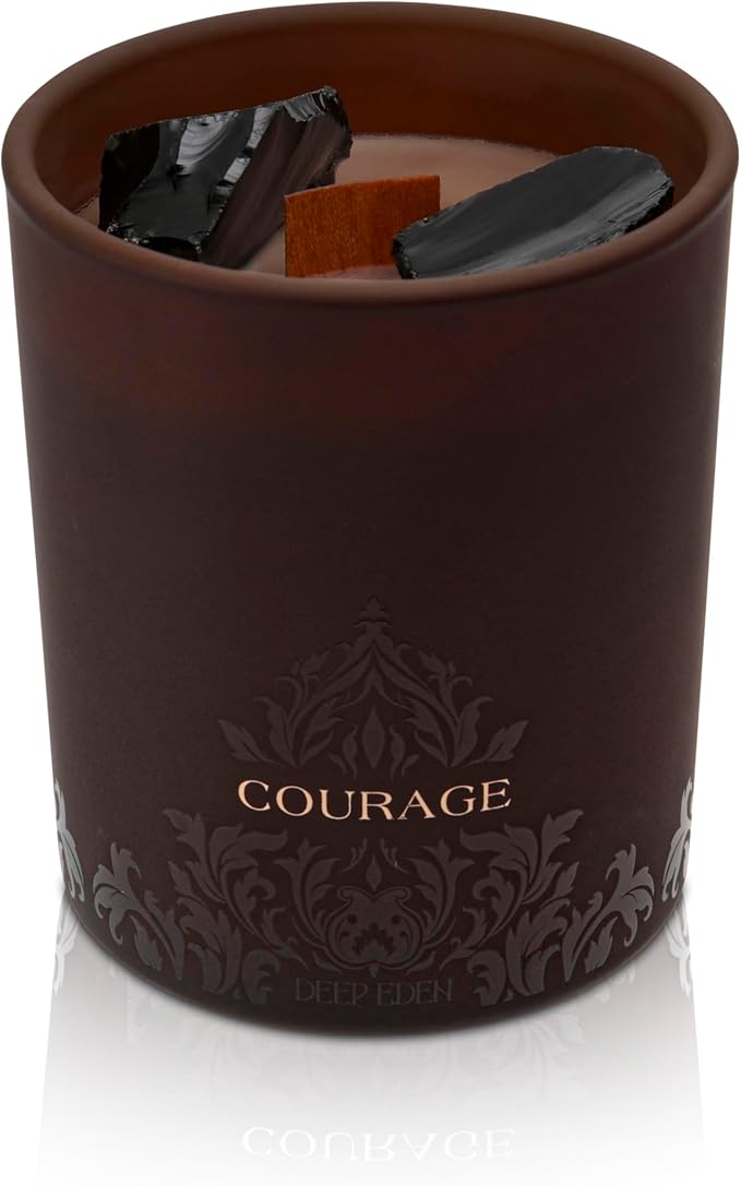 Forest Mahogany Scented Crystal Candle - Luxury Empowerment Candle with Black Tourmaline Crystals - 7.4oz Natural Soy, Coconut & Beeswax Wood Wick Candles for Men