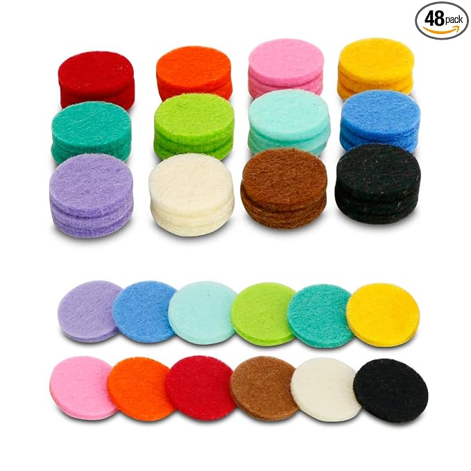 Maromalife 48PCS 22mm Replacement Refill Pads for 30mm Essential Oil Diffuser Necklace, Felt Pads for Aromatherapy Necklace Pendant Diffuser Bracelet Car Diffuser Vent Clip with 12 Colors, 0.87 Inch