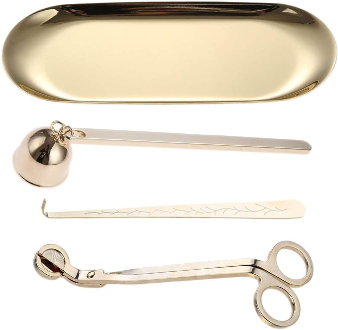 MUXSAM 4 in 1 Candle Accessory Set - Wick Trimmer, Snuffer, Dipper, Storage Tray Plate - Care Tools Gifts for Candle Lovers (Gold)
