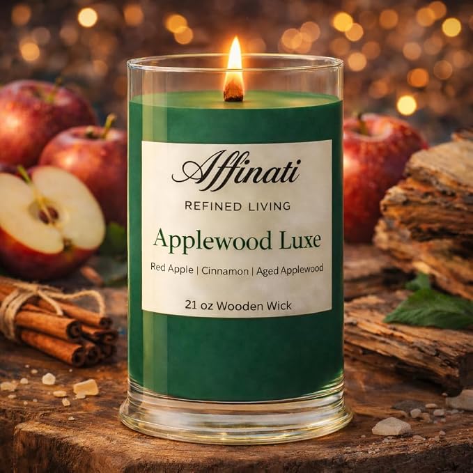 Affinati Applewood Luxe Large Scented Candle, 21 oz Wooden Wick Tumbler – Highly Fragrant Long Lasting Premium Orchard Wood Fragrance, Soy Blend