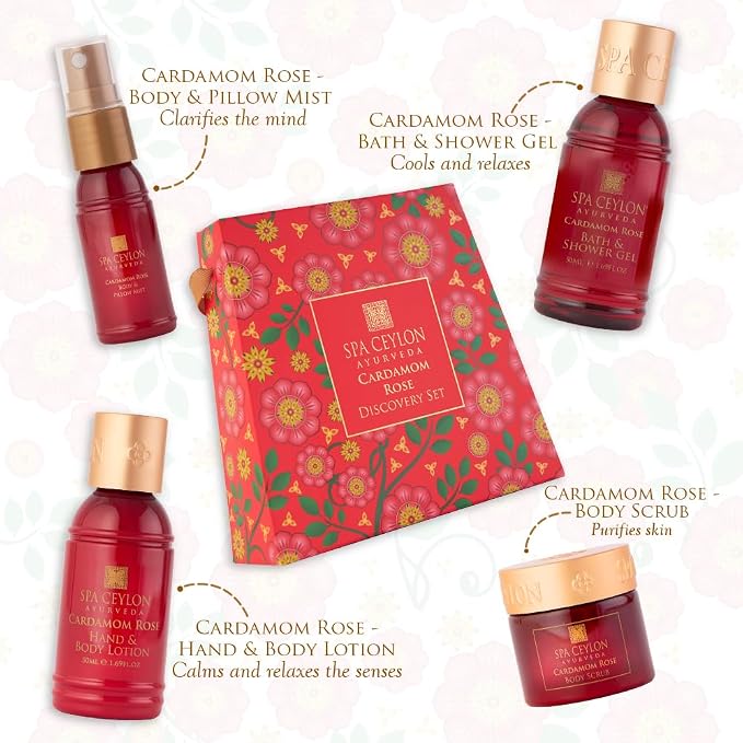Spa Ceylon Ayurveda Cardamom Rose Discovery Set – 4-Piece Natural Uplifting Spa Gift Set with Himalayan Rose & Organic Ceylon Cardamom - Bath Gel, Body Lotion, Pillow Mist & Scrub