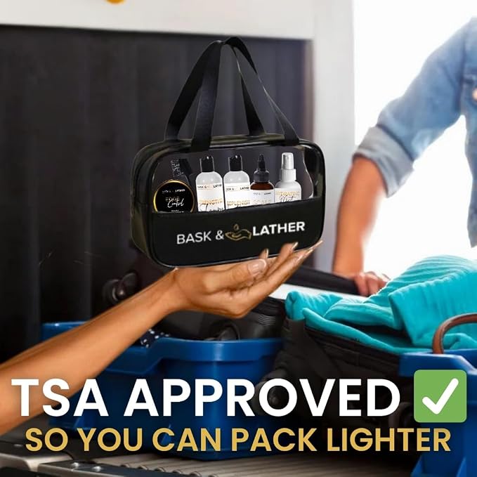 Bask & Lather On the Go Travel Essential Kit, Hydrating Hair Products for Black Hair, Travel Case With Shampoo & Conditioner, Mist, Edge Control, Scalp Stimulator & Edge Control Brush, TSA Accepted