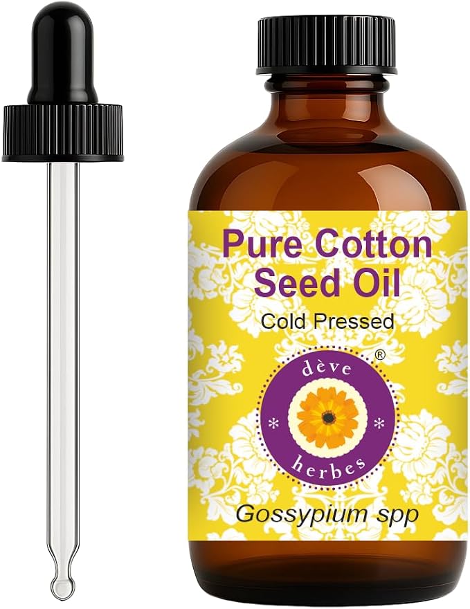 dève herbes Cotton Seed Oil (Gossypium spp) with Glass Dropper | Cold Pressed | Pure | Natural | For Diluting Essential oils | For Skin & Massage | Non-Sticky | Lightweight | Unisex | 120ml (4 oz)