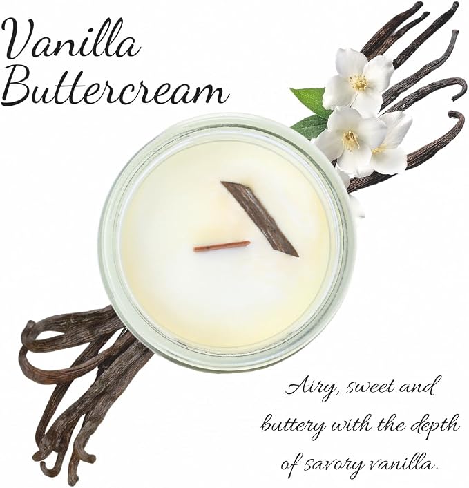 Lathered Artisan Vanilla Buttercream Natural Fragrance Candle 3 oz, Hand Crafted Pure Soy Wax Candle with Wooden Wick, Vanilla Bean, 23 Hour Burn Time, Natural Aromatherapy Glass Jar Candle with Lid